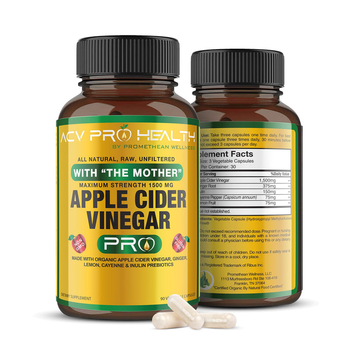 2-Pack ACV Pro Apple Cider Vinegar Capsules Certified Organic with Mother ACV Pills Detox Cleanse Acid Reflux Relief Support Supplement Ginger Root Cayenne Pepper Powder