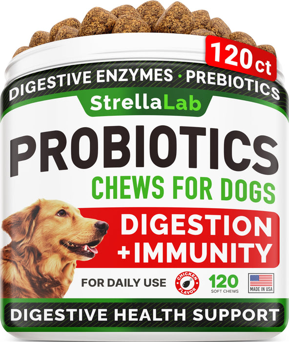 STRELLALAB Pet Probiotics for Dogs & Digestive Enzymes + Digestion & Gut Health Treats, Dog Probiotics Chews, Fiber Supplement, Anti Diarrhea, Constipation, Upset Stomach&Gas Relief, Canine Prebiotic