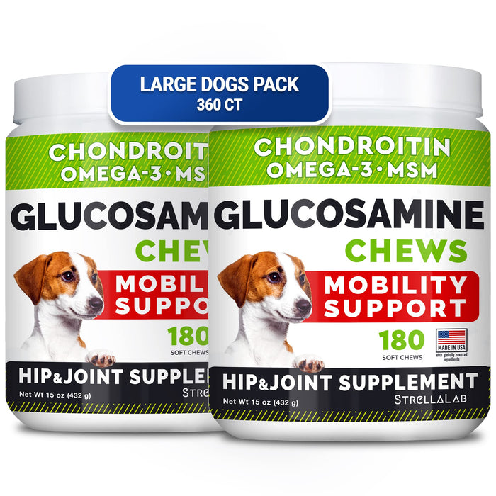 Glucosamine for Large Dogs - Joint Supplement Large Breed w/Omega-3 Fish Oil - Chondroitin, MSM - Advanced Mobility Chews - Joint Pain Relief - Hip & Joint Care - Chicken Flavor - 360Ct - Made in USA