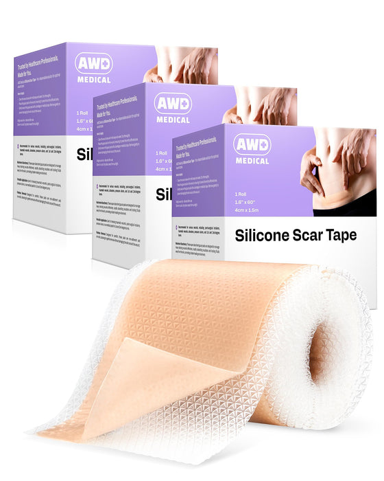 AWD Silicone Scar Sheets for Surgical Scars - Silicone Scar Tape for C Section, Tummy Tuck Tape, Keloid Treatment - Silicone Skin Patches After Surgery Must Haves (1.6" x 60" Roll, Pack of 3)