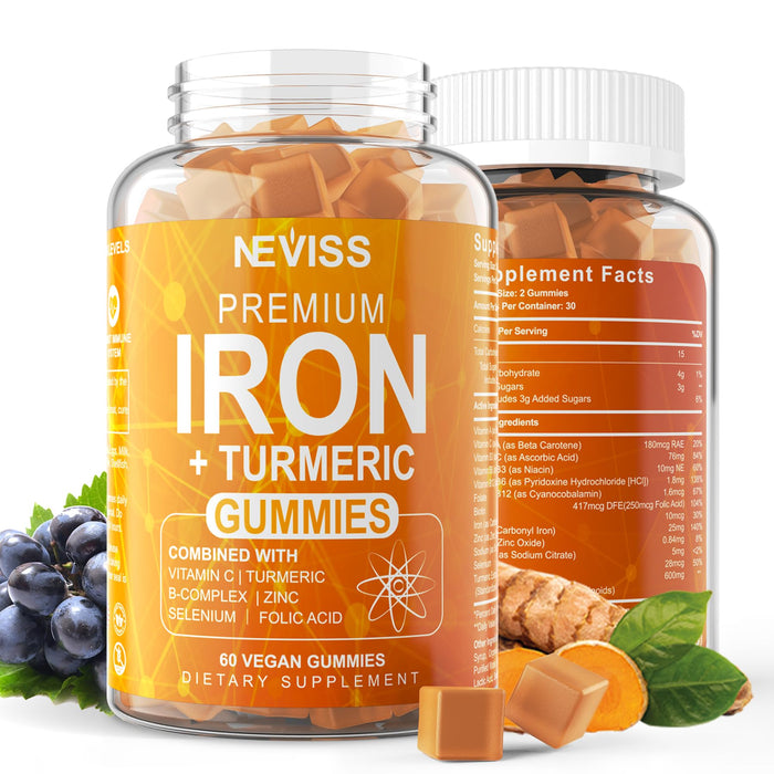 Iron Supplement for Women & Men, Non-Constipating 25 mg Carbonyl Iron with Vitamin C, B-Complex & 600mg Turmeric, Blood Builder Iron Gummies for Anemia, Iron Deficiency, No Nausea, Chewy Iron, 120Cts