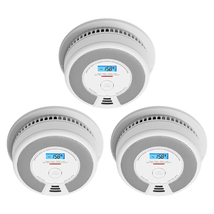 X-Sense 10-Year Battery Combination Smoke Carbon Monoxide Alarm Detector with Large LCD Display, Standalone Model, 3-Pack