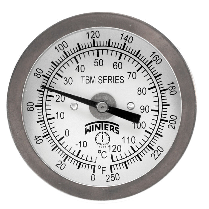 Winters TBM Series Stainless Steel 304 Dual Scale Bi-Metal Thermometer, 2-1/2" Stem, 1/4" NPT Fixed Center Back Mount Connection, 2" Dial, 0-250 F/C Range