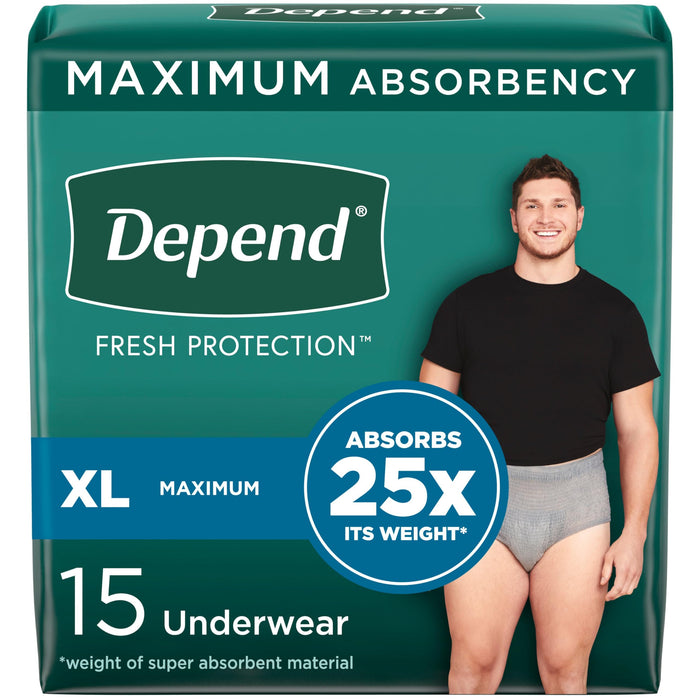 Depend Fresh Protection Adult Incontinence Underwear for Men, Disposable, Maximum, Extra-Large, Grey, 15 Count, Packaging May Vary