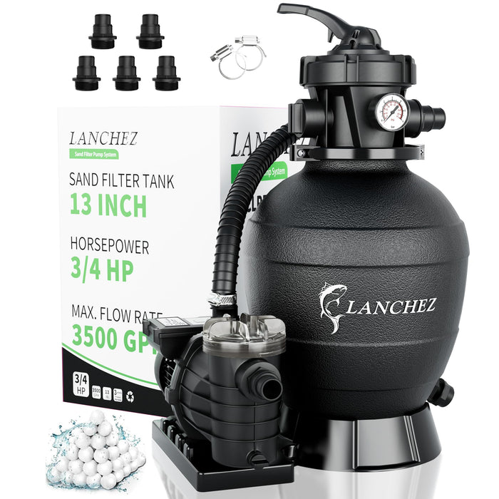 LANCHEZ Sand Filter Pump for Above Ground Pool, Pool Pumps Above Ground, Pool Sand Filter with 7-Way Valve, 13in(3,500GPH)