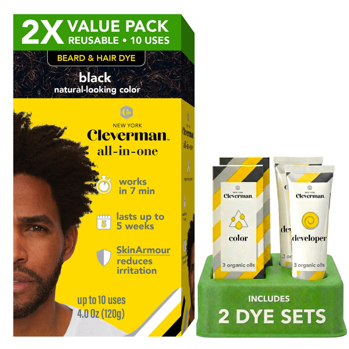 2X Reusable Hair & Beard Dye for Black Men – Black 1.0 | Up to 10 Uses, 7 Minutes | Natural Gray Coverage, No-Drip Cream with SkinArmour® – Cleverman