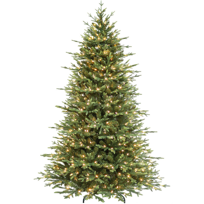 Hykolity 7.5 ft Prelit Artificial Christmas Tree, 2933 PE&PVC Branch Tips, 450 Warm White LED Lights, Metal Stand and Hinged Branches