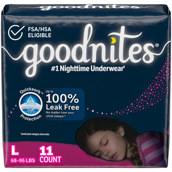 Goodnites Girls' Nighttime Bedwetting Underwear, Size Large (68-95 lbs), 11 Ct