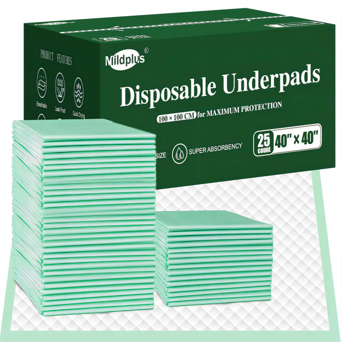 MIDPLUS Disposable Bed Pads 40"X40" Extra Large Pee Pads for Incontinence 140 Gram Heavy Duty Super Absorbent Underpads Waterproof Chucks Pads for Adults, Elderly or Pets [100x100CM, 25pcs]