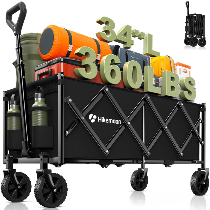 Hikemoon 34'' Extra Long Collapsible Wagons Carts Foldable, 360LBS Heavy Duty Folding Beach Wagon Cart with Wheels, Portable Utility Outdoor Wagon for Grocery, Shopping, Garden, Sports, Camping, Black