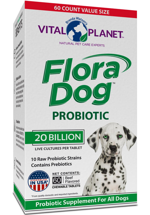 Vital Planet - Flora Dog Probiotic Chewable Tablets Supplement with 20 Billion Cultures and 10 Strains, High Potency Immune and Digestive Support Probiotics for Dogs, 60 Beef Flavored Chewable Tablets