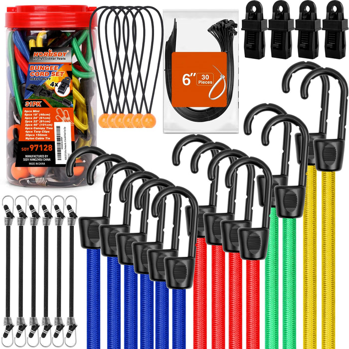 HORUSDY 30-Piece Premium Bungee Cords Assortment Jar, Includes 10”,18”,24”,32”,40” Bungee Cords, 6“ Zip Ties, 8”Canopy/Tarp Ball Ties and Crocodile Mouth Tarp Clips