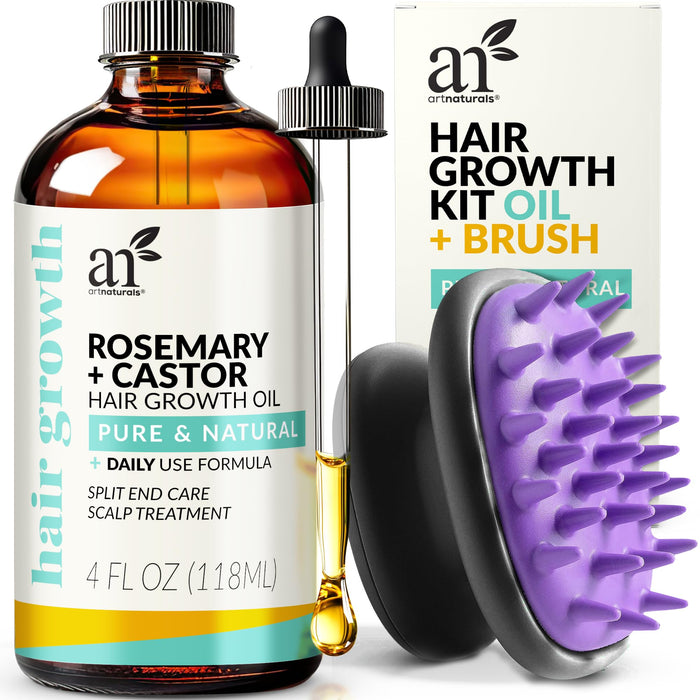 Artnaturals Organic Rosemary Castor Hair Oil + Massager Hair Growth Set Hair Growth Oil 4 ounces with Coconut & Olive Oil for Dry, Damaged & Split End