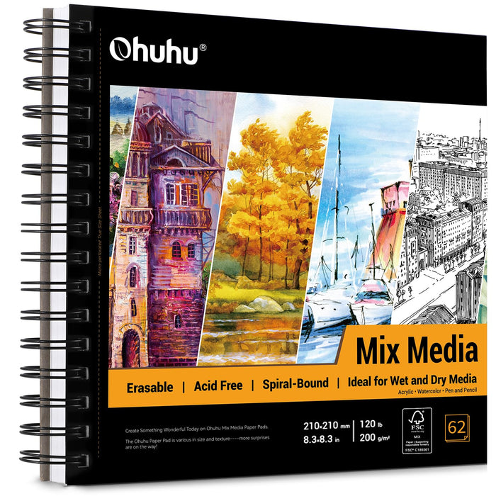 Ohuhu 8.3"x8.3" Mix Media Pad Art Sketchbook 62 Sheets for Painting Drawing