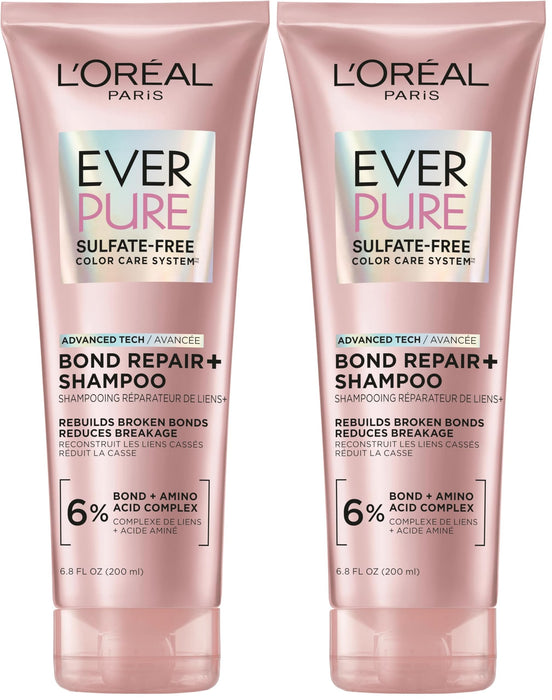 L'Oreal Paris Sulfate Free Bond Repair+ Shampoo,Hair Shampoo with Bond + Amino Acid Complex,Strengthens and Repairs Damaged or Color Treated Hair,EverPure,6.8 Fl Oz (Packaging May Vary),(Pack of 2)