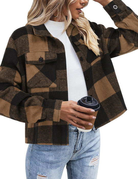 Zeagoo Plaid Shirts for Women Cropped Flannel Jacket Winter Button Brown Long Sleeve Shacket Christmas Coat