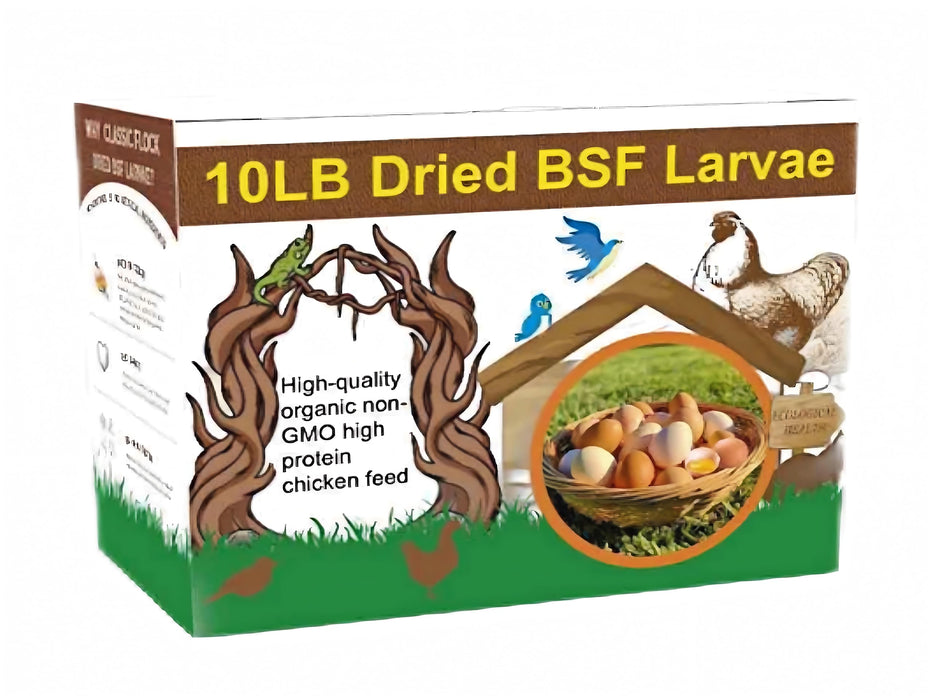 Classic Flock 10lb Dried Black Soldier Fly Larvae Chicken Feed,100% Natural Non-GMO BSF Larvae,More Calcium Than Mealworms,High Protein Chickens Treats, Food for Wild Birds, Ducks, Laying Hens
