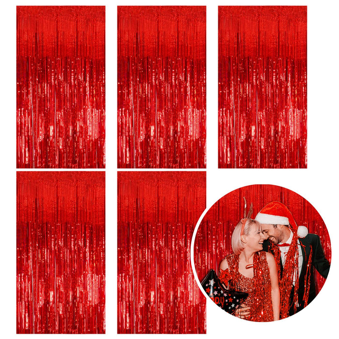 5 Pack Foil Curtain Backdrop Red Metallic Tinsel Foil Fringe Curtains Photo Booth Props for Birthday Wedding Engagement Baby Shower Bachelorette Christmas Holiday Celebration Party Decorations