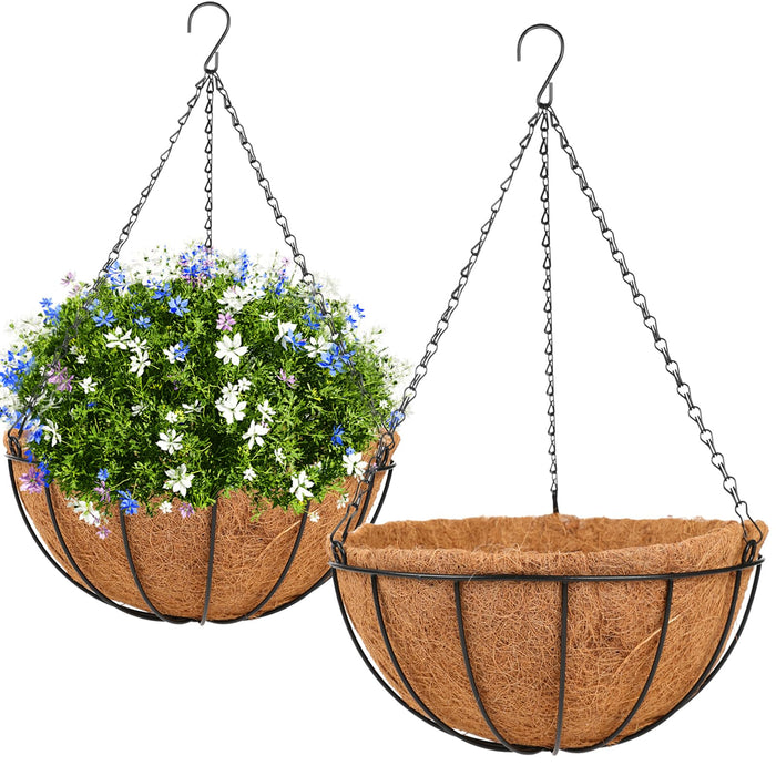 HKZ Hanging Basket Planter Plants Outdoor - 2 Pack 10 Inch Metal Hanging Planter with Coco Liners, Chain Hook Hanging Flower Pots for Indoor Outdoor Garden Porch Decoration