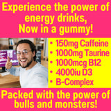 Shizam Taurine 1000mg Caffeine 150mg Energy Gummies w D-3 B-12 B Complex Inositol, Gel Gels Vitamins Vitamin Drinks Capsules Drink Shot Chews Pills Powder Alt, Running Runners Supplement Supplements