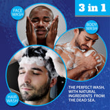 Dead Sea Collection 3 in 1 Body Wash for Men – Amber Wood Cleanser for Body, Hair and Face - Pack of 2 Bottles (33,8 Fl. Oz. Each)