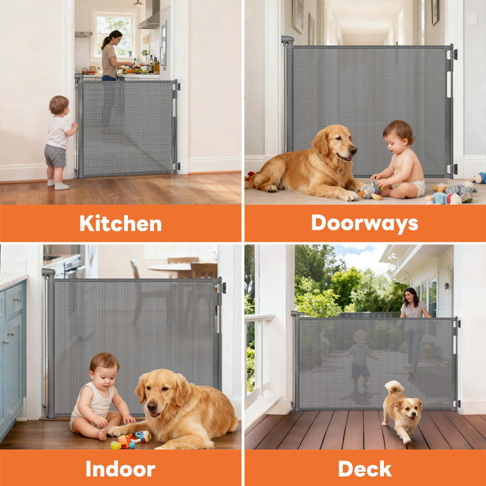 Retractable Baby Gate for Stairs and Doorways, 55" Wide x 33" Tall Mesh Dog Gate for Indoor & Outdoor Use, Safety Gate for Babies and Pets, Child Gates for Hallways, Hardware Mounted, Gray