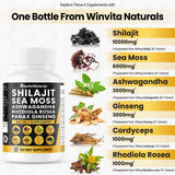 Shilajit Pure Himalayan Organic 10,000mg Sea Moss 6000mg Ashwagandha 3000mg Panax Ginseng 3000mg Cordyceps Rhodiola Rosea 1000mg Zinc, Fulvic Acid & Trace Minerals - Sea Moss Shilajit Capsules USA