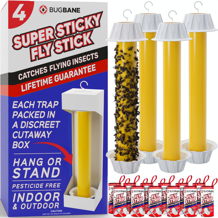 Fly Stick Sticky Fly Traps for Indoors Outdoor 4pk with 12 Ribbons. Non-Toxic Super Sticky Hanging Flies Catcher Paper Tape Strips for Home
