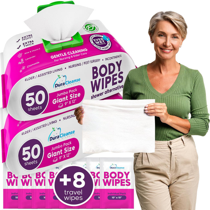 XL Bath Wipes for Adults Bathing No Rinse (2pk) - 100 Count + 8 Travel Wipes - 9"x12" Disposable Washcloths for Adults - Surgery Recovery Supplies, Elderly Incontinence & Health Care Products