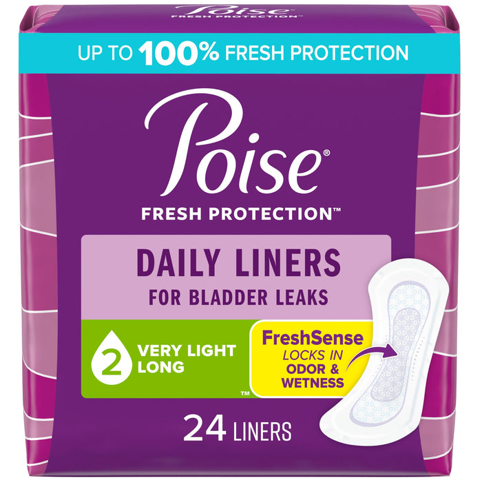 Poise Daily Liners, Incontinence Panty Liners, 2 Drop Very Light Absorbency, Long Length, 24 Count of Pantiliners, Packaging May Vary