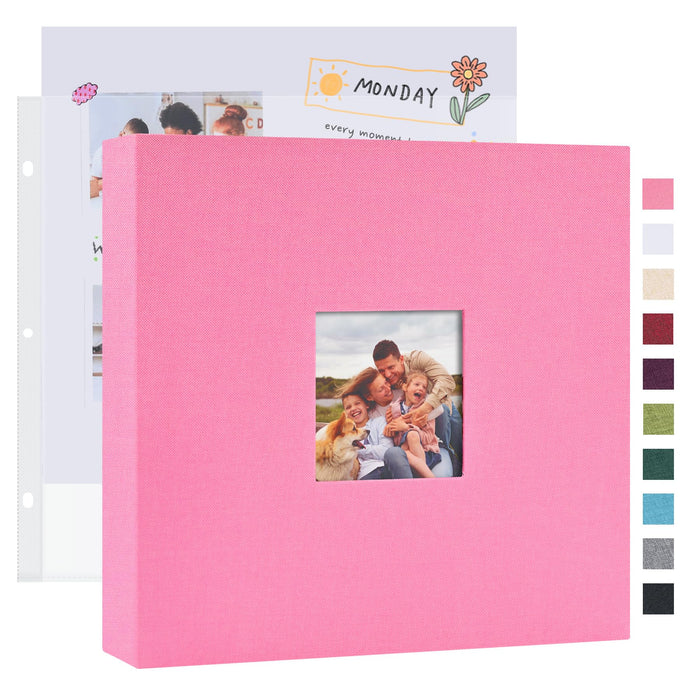 Mublalbum 12x12 Inch DIY Scrapbook Photo Album with 20 Plastic Sleeves 40 Pages Linen Cover 3 Ring Folder Binder for Wedding Baby Family and DIY Projects (Pink)