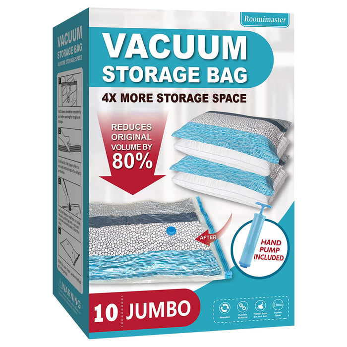 Vacuum Storage Bags, 10 Jumbo Space Saver Bags Vacuum Seal Bags with Pump, Space Bags, Vacuum Sealer Bags for Clothes, Comforters, Blankets, Bedding