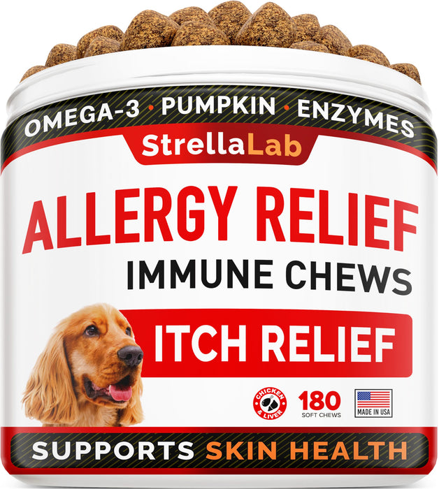 STRELLALAB Dog Allergy Relief + Itchy Skin Treatment with Omega 3 & Pumpkin, Dogs Itching & Licking Treats, Itch Chew, Supplements, Hotspot for Dogs, Anti Itch Support, Dog Skin & Coat Supplement