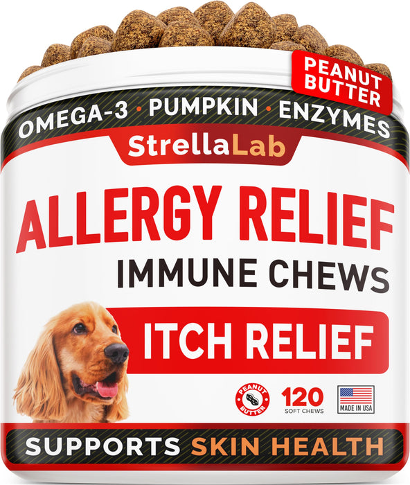 StrellaLab Dog Allergy Relief + Dog Itchy Skin Treatment with Omega 3 & Pumpkin, Dogs Itching and Licking Treats, Dog Itch Relief Chew, Allergy Supplement, Hotspot Relief for Dogs, Anti Itch Support