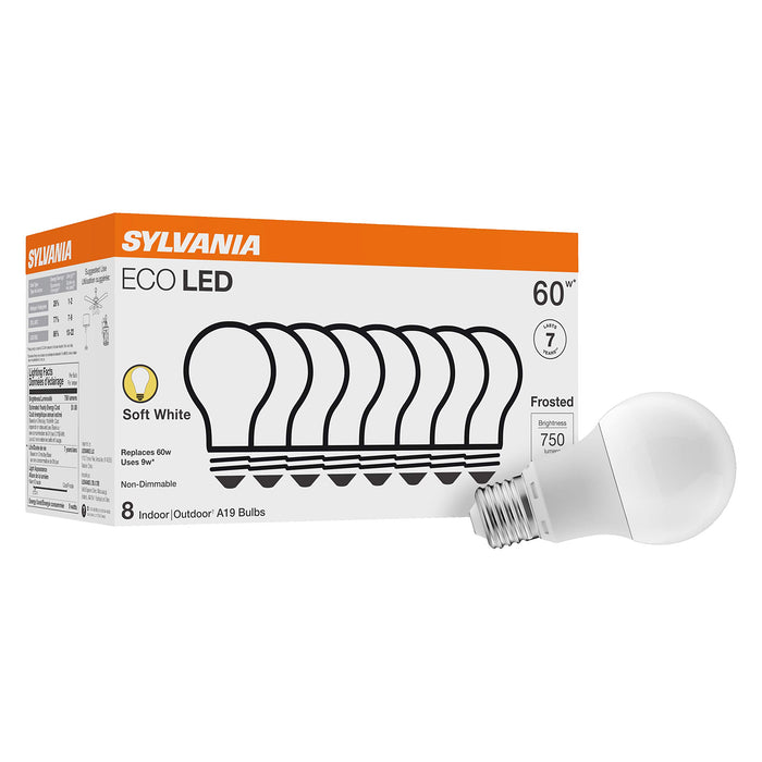 SYLVANIA ECO LED Light Bulb, A19 60W Equivalent, Efficient 9W, 7 Year, 750 Lumens, 2700K, Non-Dimmable, Frosted, Soft White - 8 Count (Pack of 1) (40821)