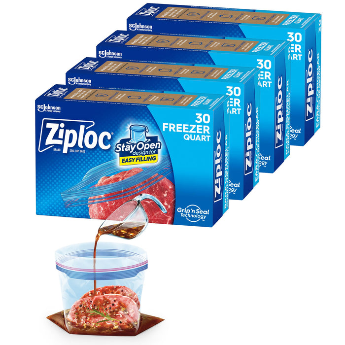 Ziploc Quart Food Storage Freezer Bags, Grip 'n Seal Technology for Easier Grip, Open, and Close, 30 Count, Pack of 4 (120 Total Bags)