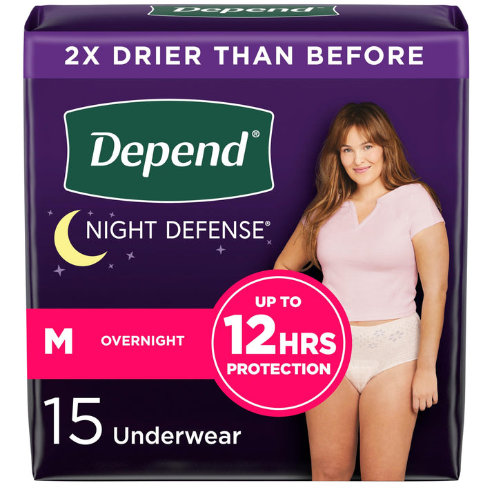 Depend Night Defense Adult Incontinence & Postpartum Bladder Leak Underwear for Women, Disposable, Overnight, Medium, Blush, 15 Count, Packaging May Vary