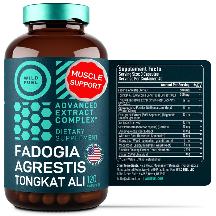 WILD FUEL Fadogia Agrestis and Tongkat Ali Supplement - Fadogia Agrestis 600mg, 500mg Tongkat Ali Muscle and Strength Support - Ashwagandha Maca Fenugreek Complex - 120 Caps