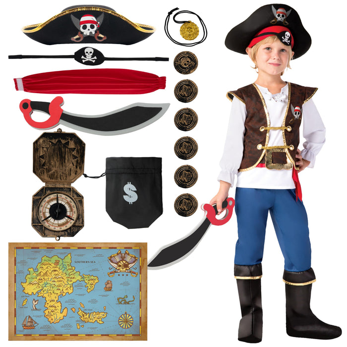 Spooktacular Creations Halloween Pirate Costume Kids, Blue Boys Pirate Costume Deluxe Set with Accessories for Toddler Halloween DressUp, Themed Party (Small, 5-7 yrs)