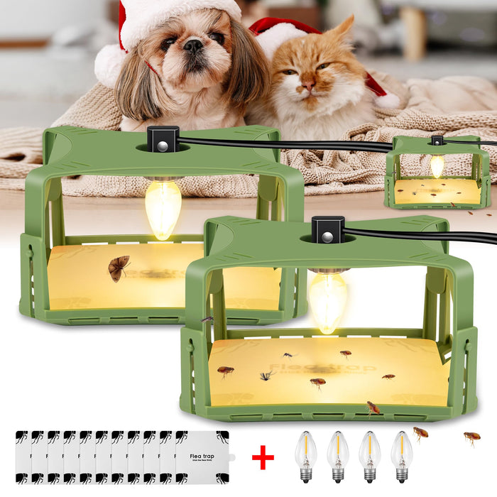 Kittmip 2 Pack Flea Trap for Inside Your Home with Light, 4 LED Light Bulbs and 10 Sticky Bed Bug Trap Pad Refills Flea Killer for Dog Cat Anti Flea Control Non Toxic Harmless, Kids Pets Friendly