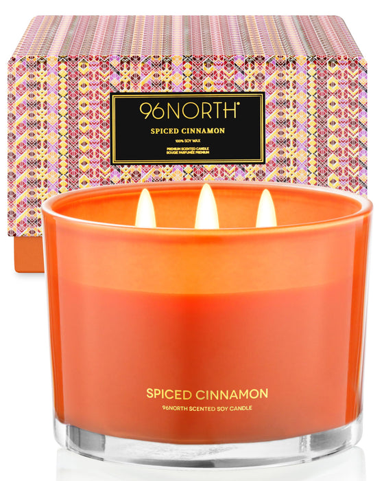 96NORTH Luxury Spiced Cinnamon Candle | Large 3 Wick Jar Candle | Up to 40 Hours Burning Time | 100% Natural Soy Wax | Relaxing Aromatherapy Aesthetic Candles | Housewarming Gift for Men and Women