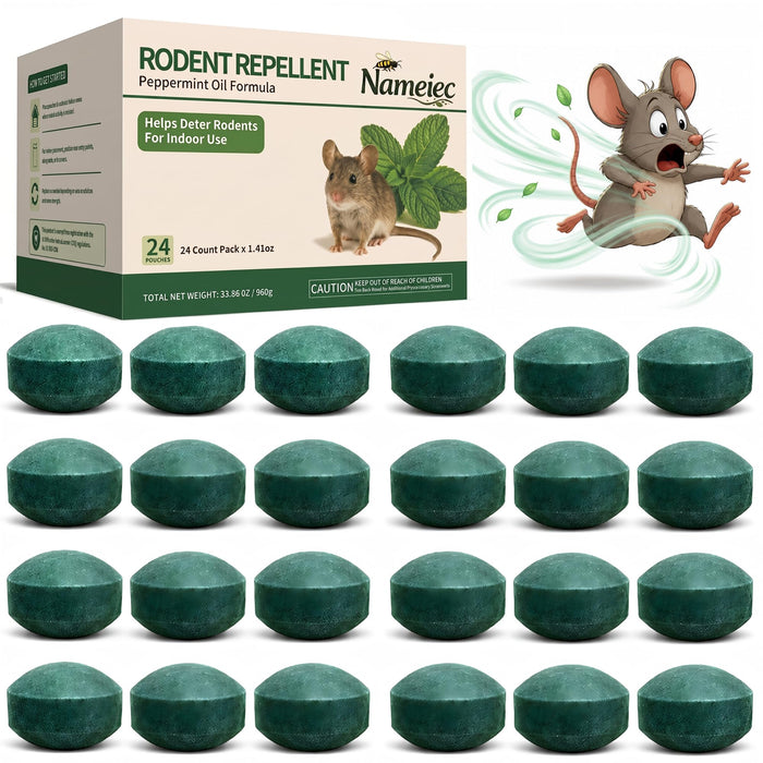 Nameiec Rodent Repellent for Mice & Rats, 1.41 Oz 24pc, Peppermint Oil Repellent for Rat Mice, Ant, Roach, Spider, Squirrel, for House, Garage, Car Engine, RV, Attic, Basement, Indoor & Outdoor Use