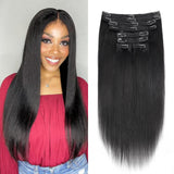 Mihugass Yaki Straight Clip in Hair Extensions For Black Women 100% Unprocessed Brazilian Virgin Hair Yaki Clip Ins Natural Black Color 8pcs with 18Clips Per Set 120G (16 Inch)