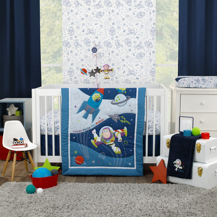 Disney Toy Story Outta This World Blue and Gray 3 Piece Nursery Crib Bedding Set - Comforter, Fitted Crib Sheet, and Crib Skirt