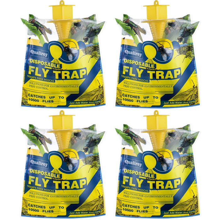 Qualirey 4 Pack Fly Traps Outdoor Hanging, Disposable Fly Killer Trap Bag Catcher for Outside Farms, Pastures, Chicken Coops, Stables, Barns, Horse, Garbage Cans, Garbage Ponds, Yard, Backyard, Patio