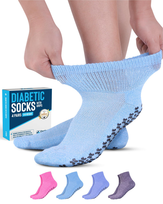 Diabetic Socks with Grips for Women and Men - 4 Pair | Light Blue , Blue, Purple , Pink | Neuropathy Socks for Women | Hospital Socks with Grips for Women | Ankle Diabetic Non Slip Socks for Elderly