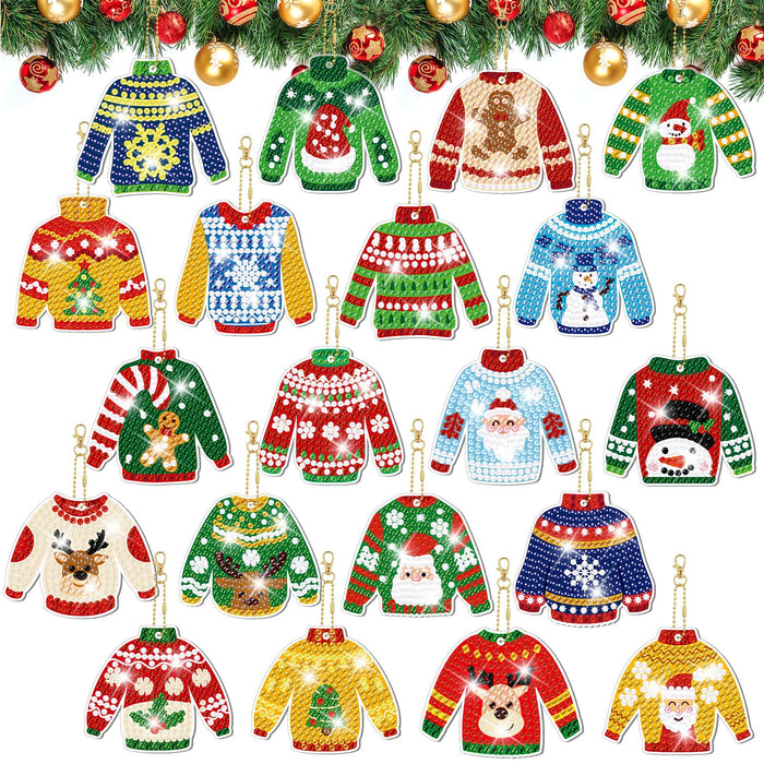 Tondiamo 20 Pcs Christmas Ugly Sweater Diamond Painting Keychain Kits 5D DIY Diamond Art Pendants Double Sided Diamond Painting Key Chains for Christmas Party Decoration Kids DIY Ornaments