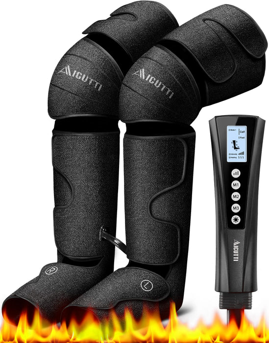 AICUTTI Air Compression Massager with Heat, Foot Leg for Vericose Veins, Muscle Fatigue, Cramps, Swelling and Edema, Gifts Mothers Day, Father Christmas, Mom, Dad, Women Men Black