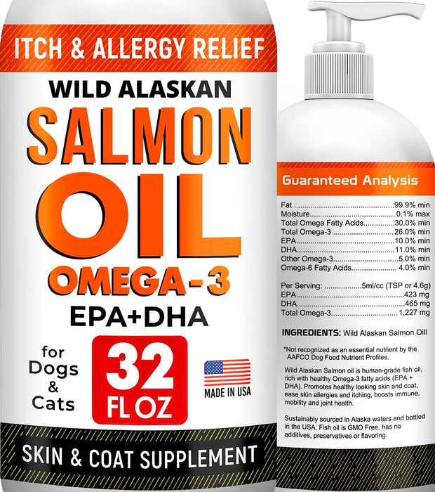 StrellaLab 32 OZ Salmon Oil for Dogs - Omega 3 Fish Oil for Dogs & Cats, Itch & Allergy Relief, Wild Alaskan Salmon Oil Dogs Skin & Coat, Dog Fish Oil Liquid, Shedding Supplement EPA & DHA Fatty Acids