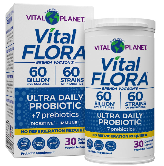 Vital Planet - Vital Flora Ultra Daily Probiotic 60 Billion CFU, 60 Diverse Strains, 7 Organic Prebiotics, Immune Support, Digestive Health Shelf Stable Probiotics for Women and Men 30 Capsules